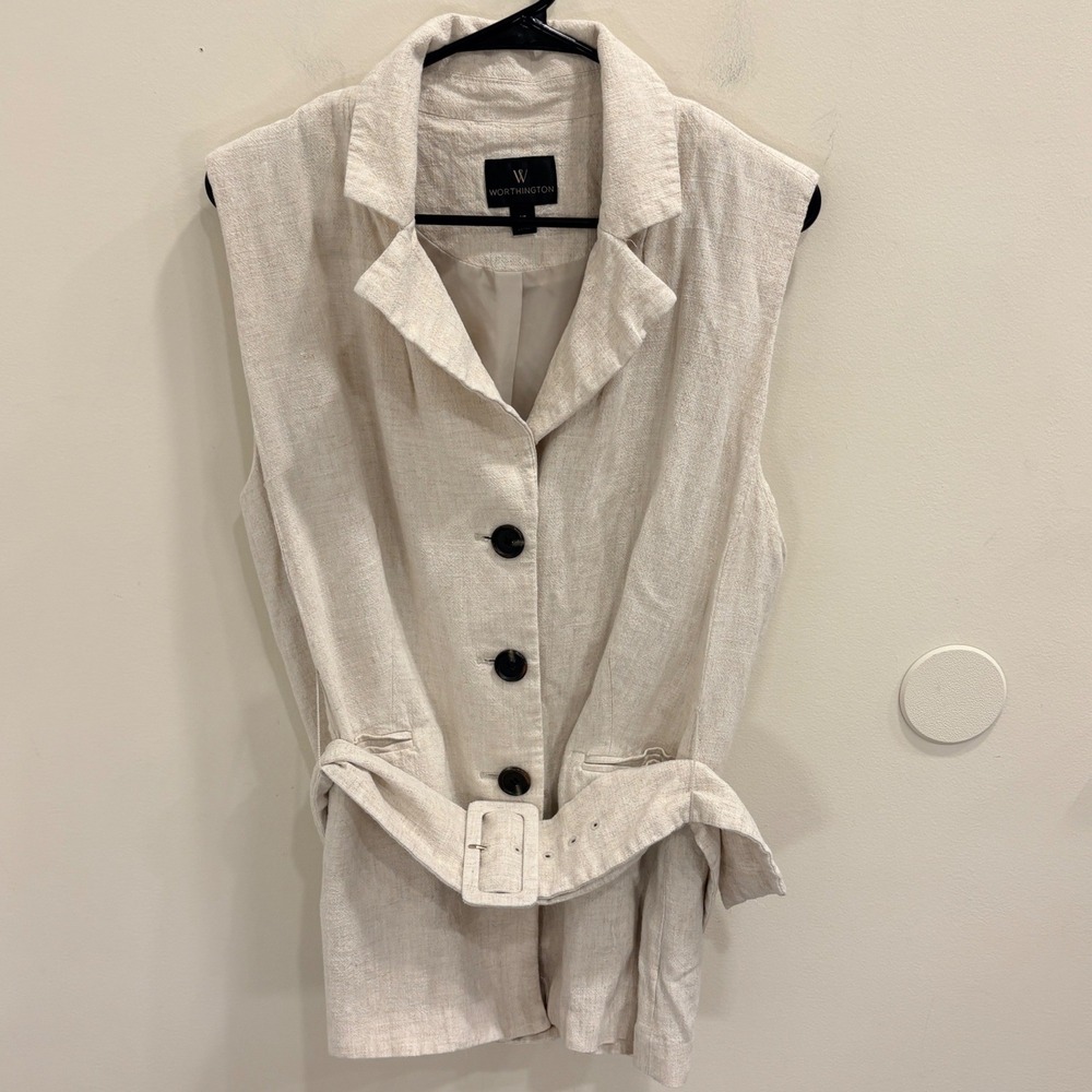 Worthington Beige Linen Blend Sleeveless Belted Blazer Vest Sz XL Safari Preppy